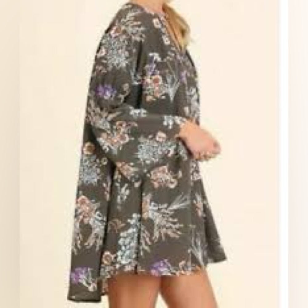 Umgee Gray Short Dress Oversize 3/4 Sleeve Floral Flowy Party Outfit‎ M